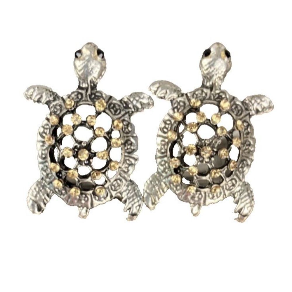 Turtle Pierced Earrings Open Back Silver Tone W/ Champagne & Black Rhinestones